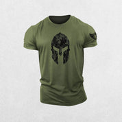 Close-up of Dark Olive green 3D Spartan helmet design on hex camo gym t-shirt