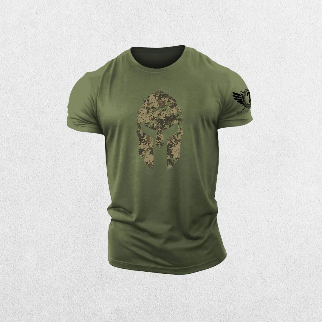 Close-up of Dark Olive green 3D Spartan helmet design on hex camo gym t-shirt