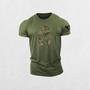 Close-up of Dark Olive green 3D Spartan helmet design on hex camo gym t-shirt