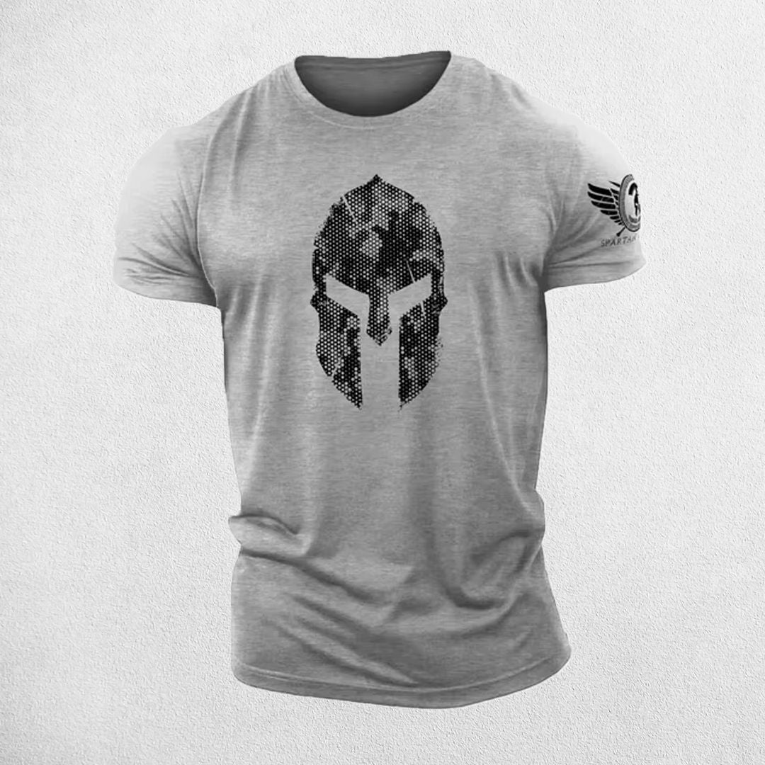 Close-up of Grey  3D Spartan helmet design on hex camo gym t-shirt
