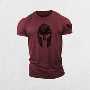 Close-up of Maroon 3D Spartan helmet design on hex camo gym t-shirt