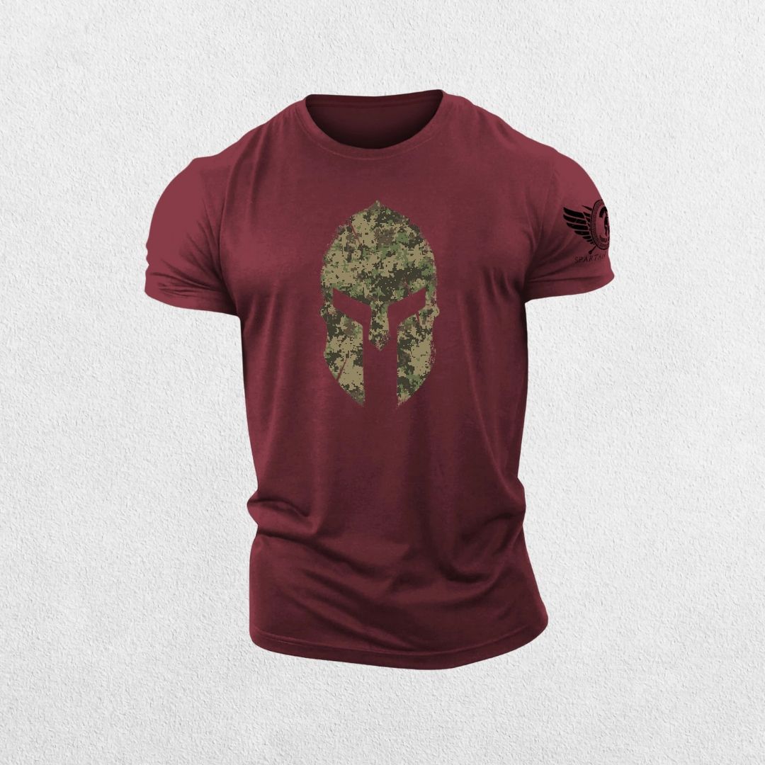 Close-up of Maroon 3D Spartan helmet design on hex camo gym t-shirt