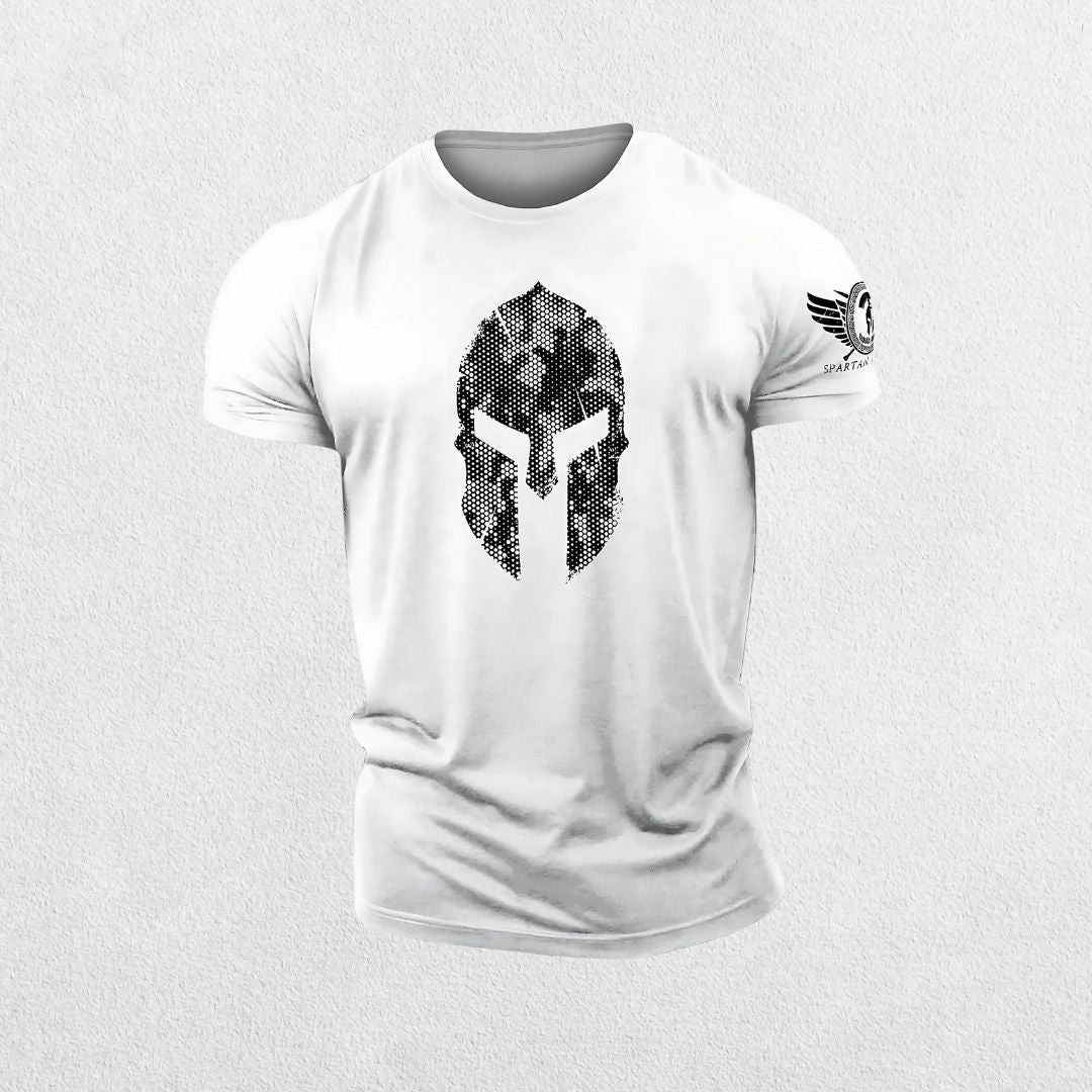Close-up of White 3D Spartan helmet design on hex camo gym t-shirt