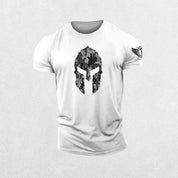 Close-up of White 3D Spartan helmet design on hex camo gym t-shirt
