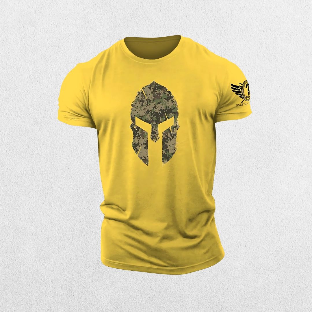 Close-up of Yellow 3D Spartan helmet design on hex camo gym t-shirt