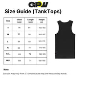 GPW Athletic Gym Tank Size Chart - Detailed measurements for chest, waist, and length in available sizes.