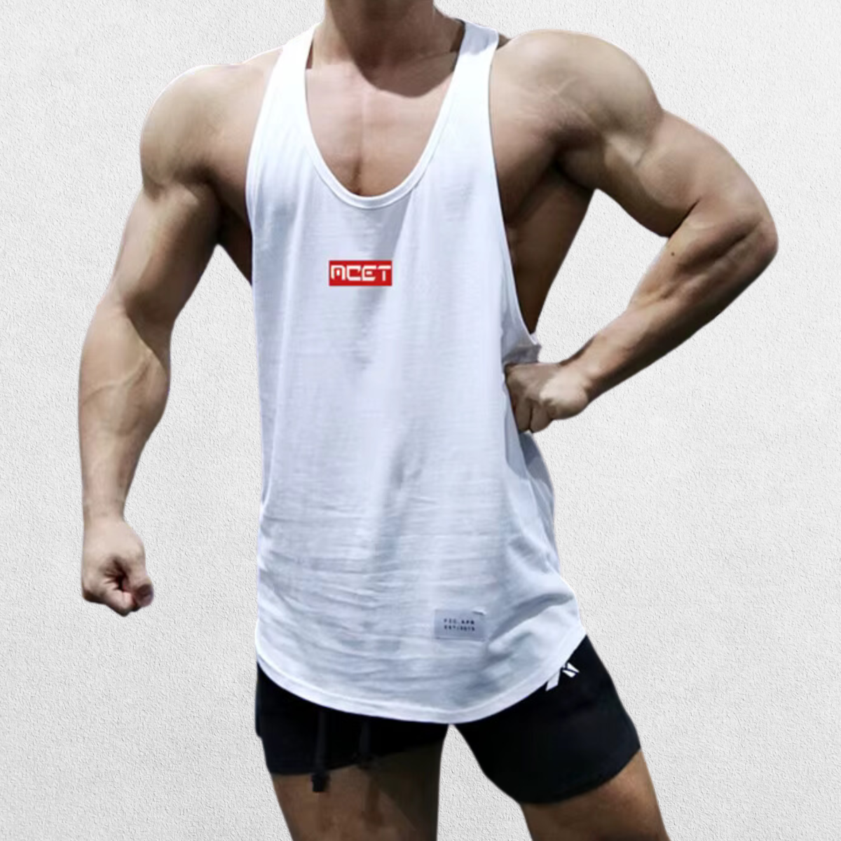 GPW Athletic Gym Tank for Men in white, front view showcasing the sleeveless design and athletic fit against a clean studio background