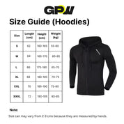 Size chart for GPW Compression Elastic Hoodies Men, ensuring the perfect fit for activewear