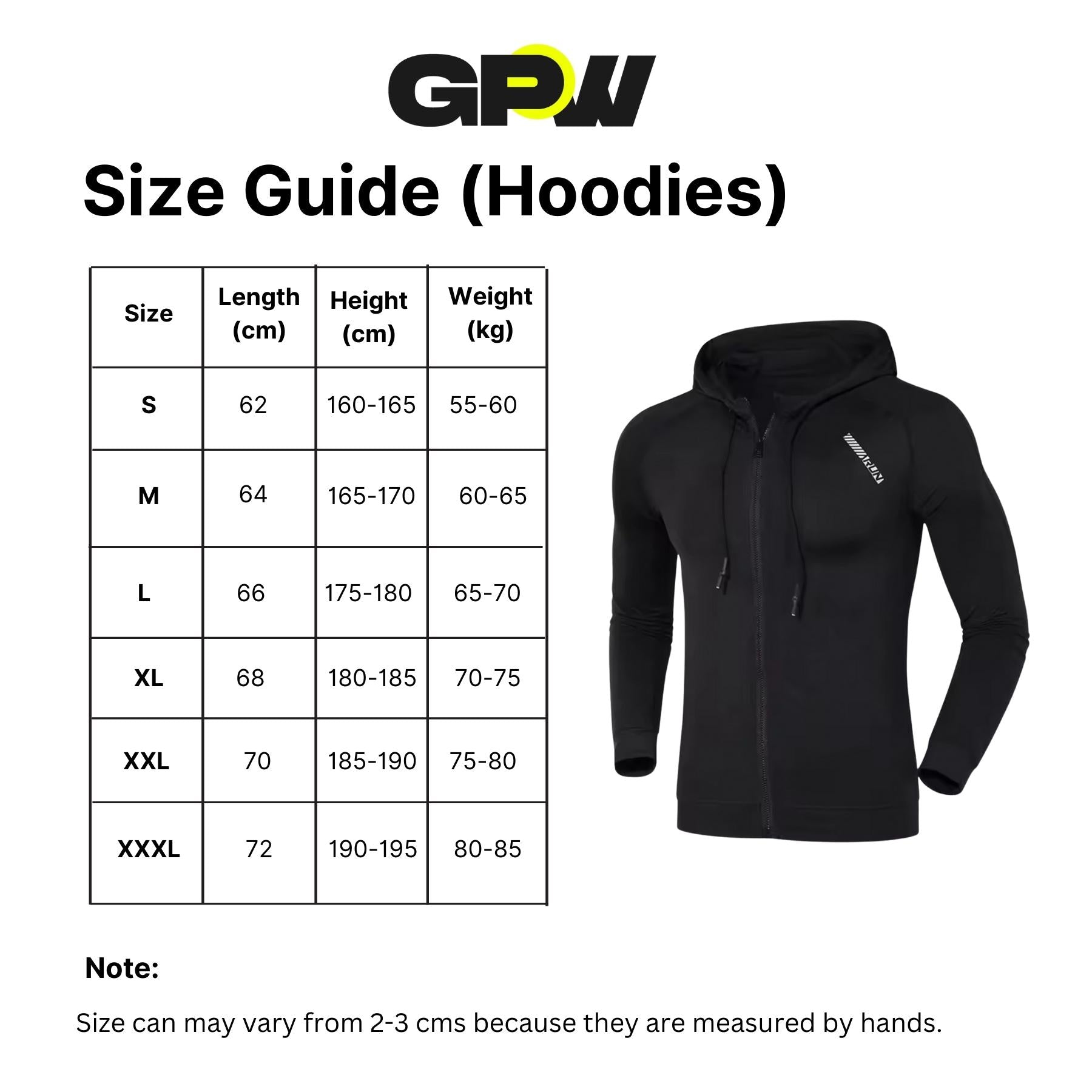 Size chart for GPW Compression Elastic Hoodies Men, ensuring the perfect fit for activewear