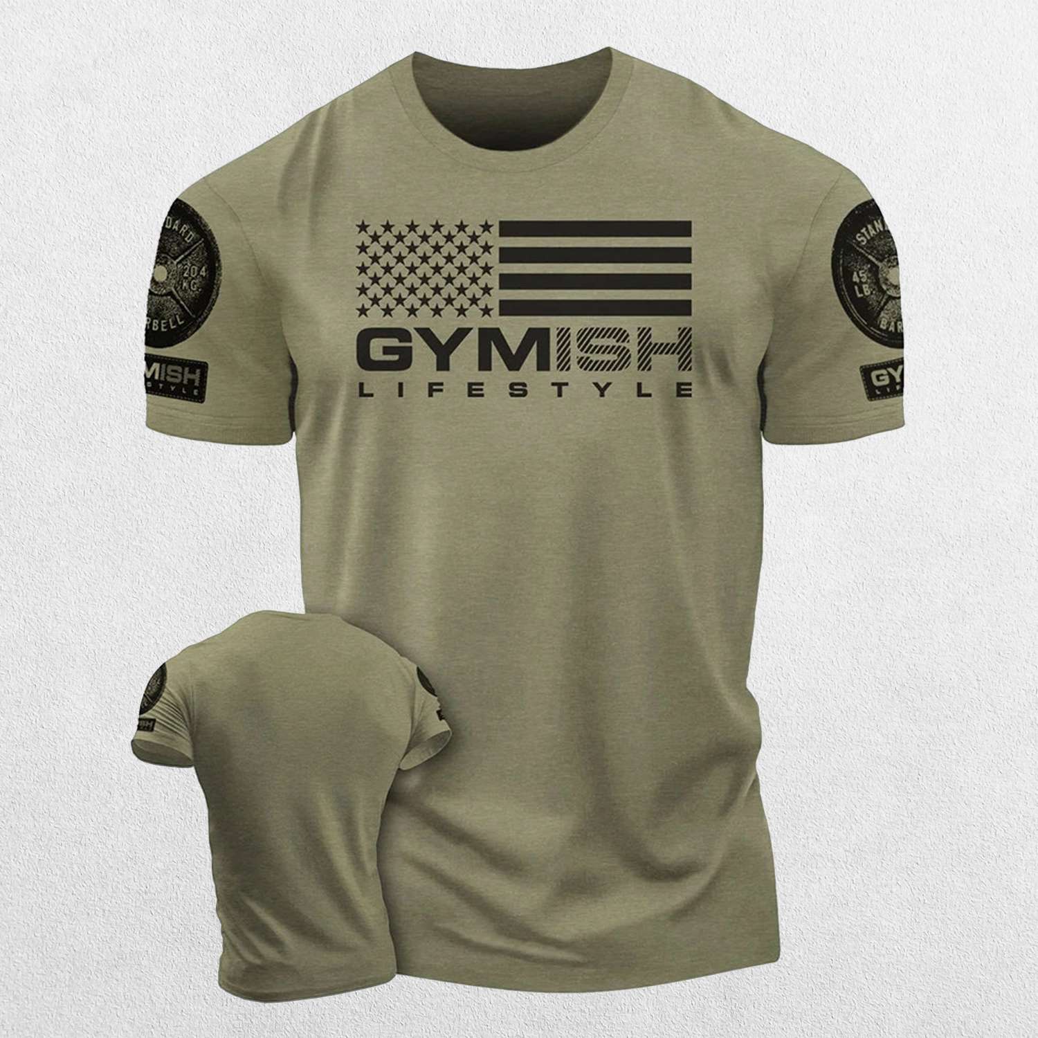 Close-up of the GPW Gymish Printed Muscle Man Gym T-Shirt - Funny Workout Tee Reseda Green
