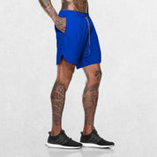Side pose of model wearing Sapphire GPW Men's 2-in-1 Running Shorts for Gym & Fitness Workouts