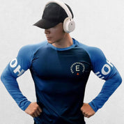 GPW Men’s Bodybuilding Long Sleeve Shirt in navy blue, featuring breathable fabric and stylish prints for gym and outdoor activities.