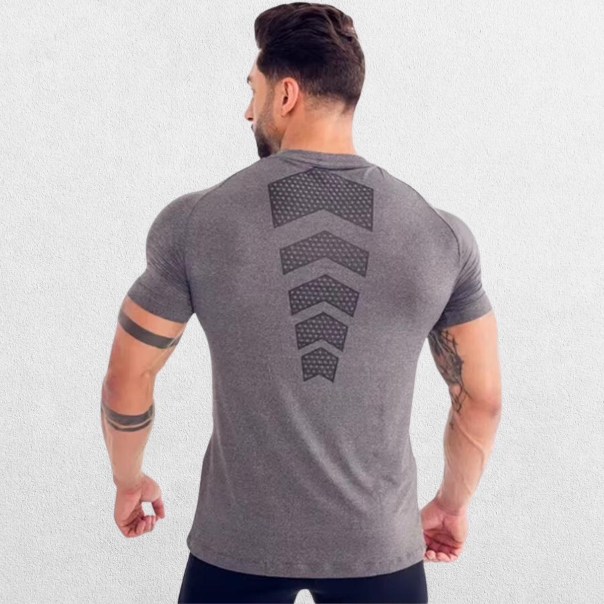 Back view of the GPW Men’s Compression Quick-Dry T-Shirt in dim grey, showcasing the stylish, minimalist design.