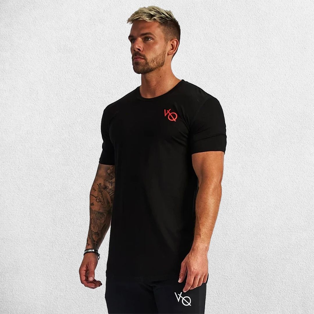 Model wearing moisture-wicking Black GPW slim fit t-shirt
