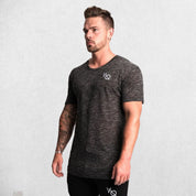 Model wearing Dark Grey GPW Men's Cotton Slim Fit T-Shirt showcasing athletic fit