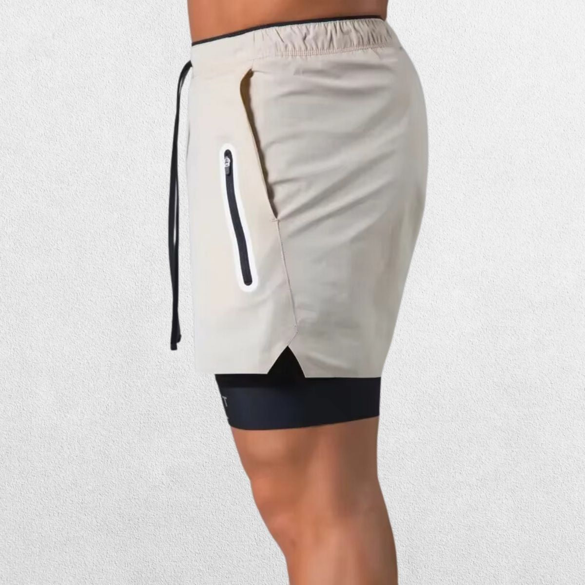 GPW Men's Double-Layered Gym Training Shorts in beige, side view showcasing layered design and functional pockets.