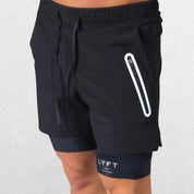 GPW Men's Double-Layered Gym Training Shorts in black, front view highlighting comfort and athletic fit.