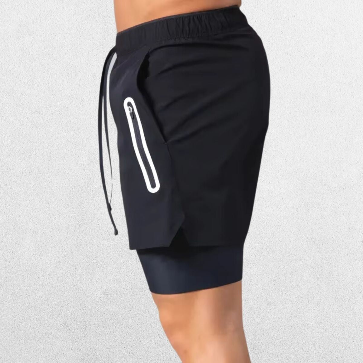GPW Men's Double-Layered Gym Training Shorts in black, side view showcasing mobility and stylish double-layered detail.