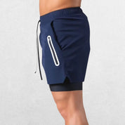 GPW Men's Double-Layered Gym Training Shorts in navy blue, side view emphasizing double-layered support and flexibility.