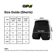 Size chart for GPW Men's Double-Layered Gym Training Shorts, detailing waist, hip, and length measurements.