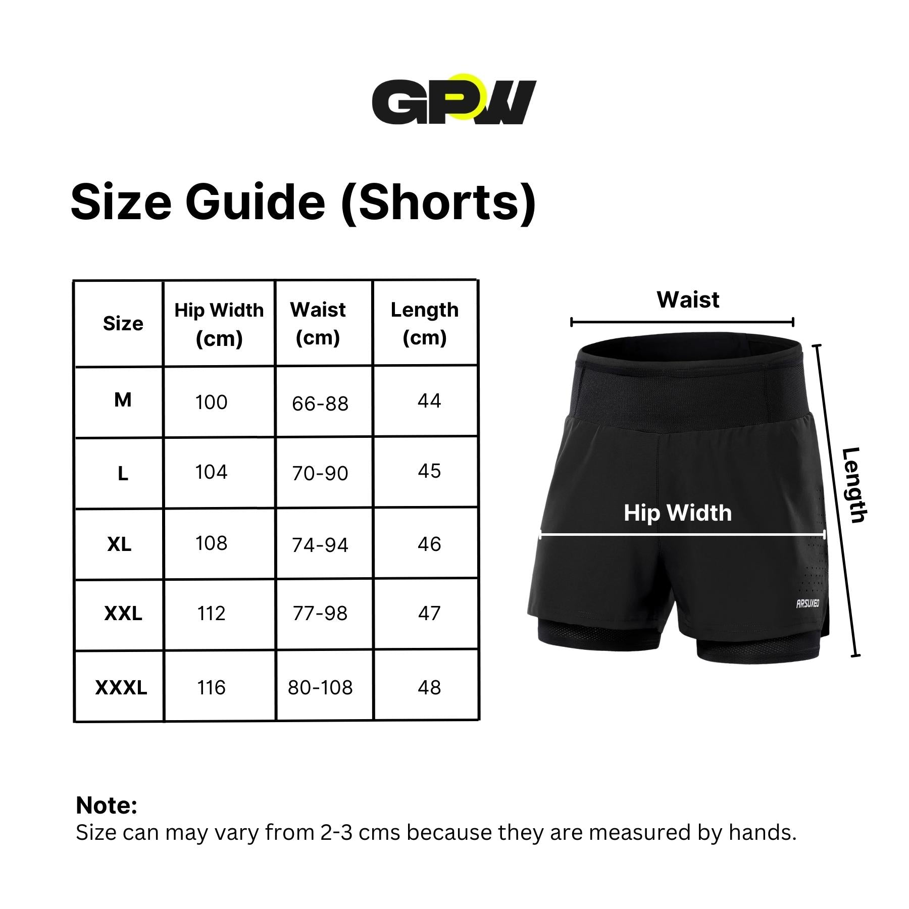 Size chart for GPW Men's Double-Layered Gym Training Shorts, detailing waist, hip, and length measurements.