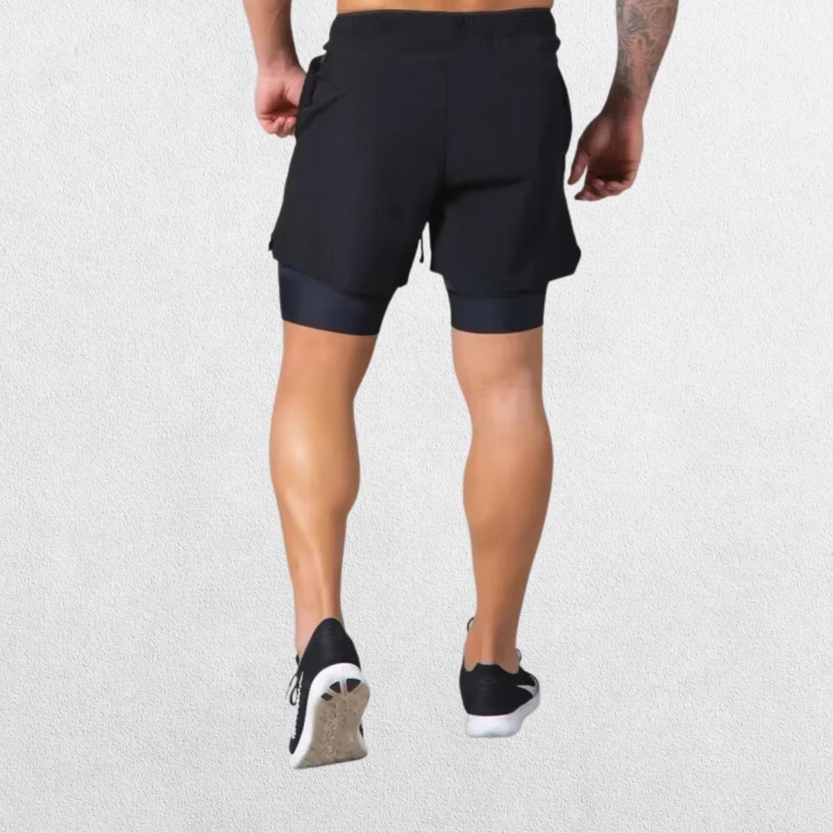 GPW Men's Double-Layered Gym Training Shorts in black, back view with clean stitching and performance-ready fit.