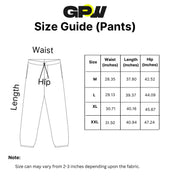 Size chart for GPW joggers showing waist, hip, and length details.