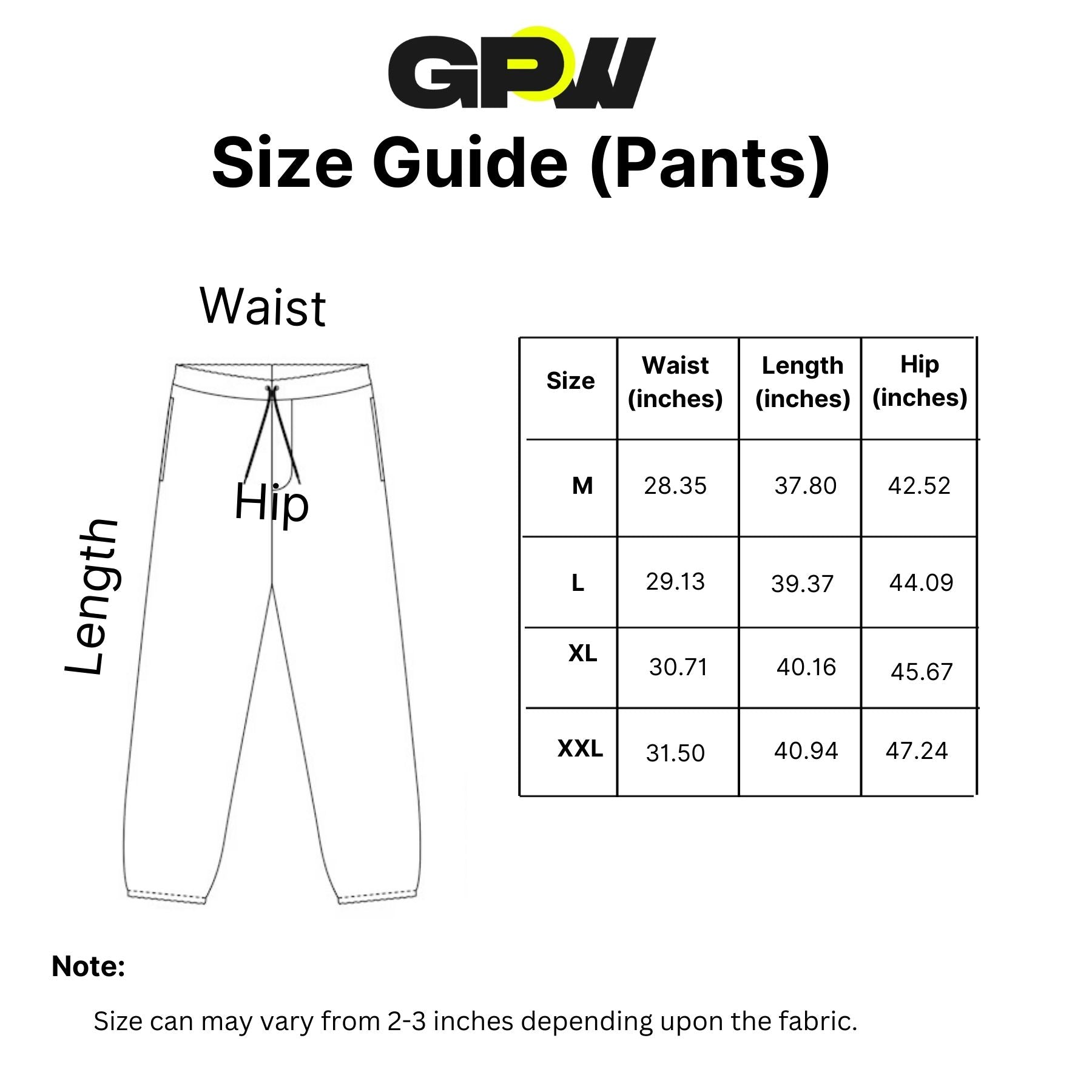 Size chart for GPW joggers showing waist, hip, and length details.