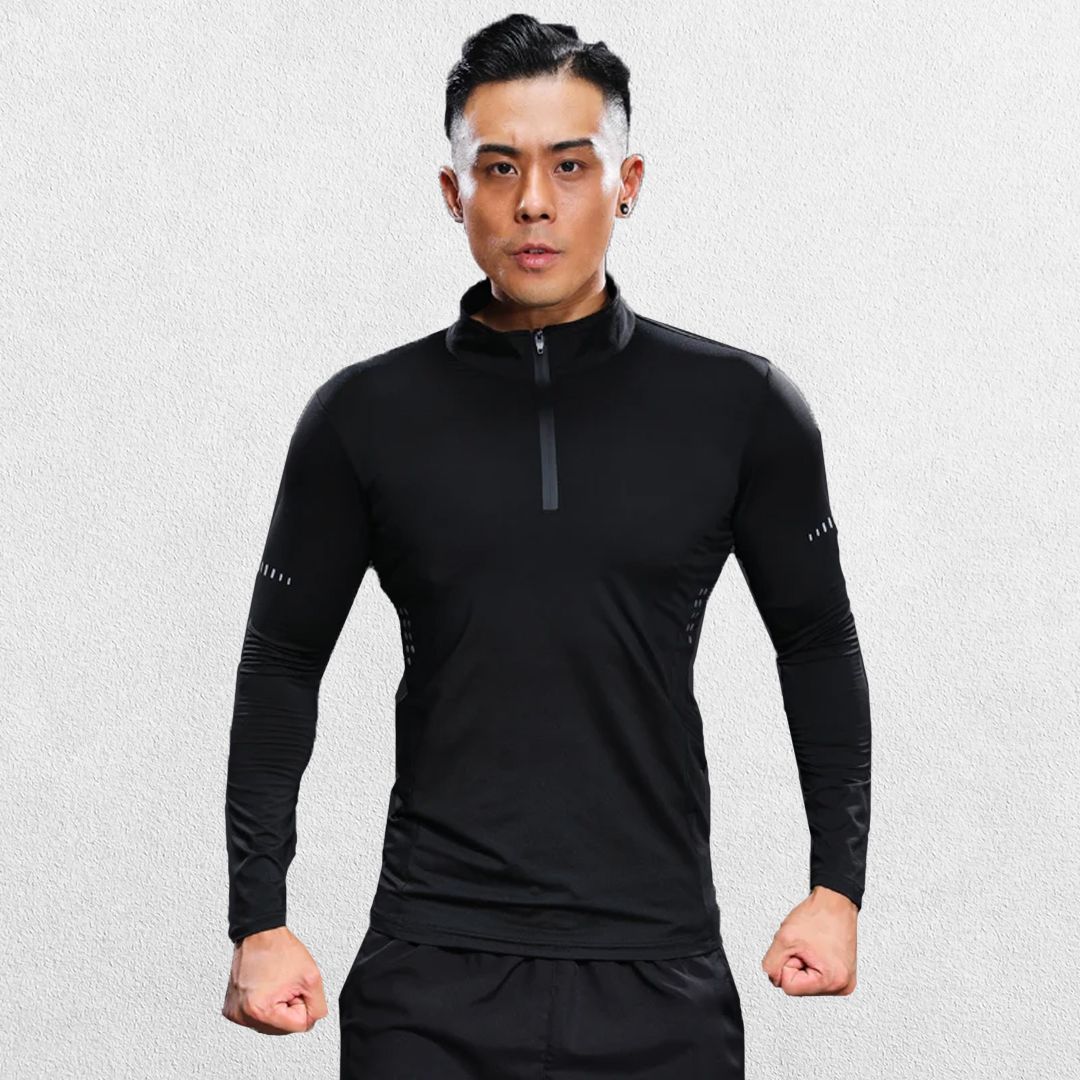 Model Wearing Black Zipper stand shirt in a studio backgroung