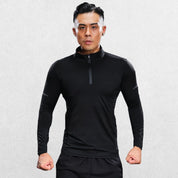 Model Wearing Black Zipper stand shirt in a studio backgroung