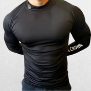 GPW Men's High-Performance Athletic Long Sleeve Training T-Shirt Black Front View in Studio Background
