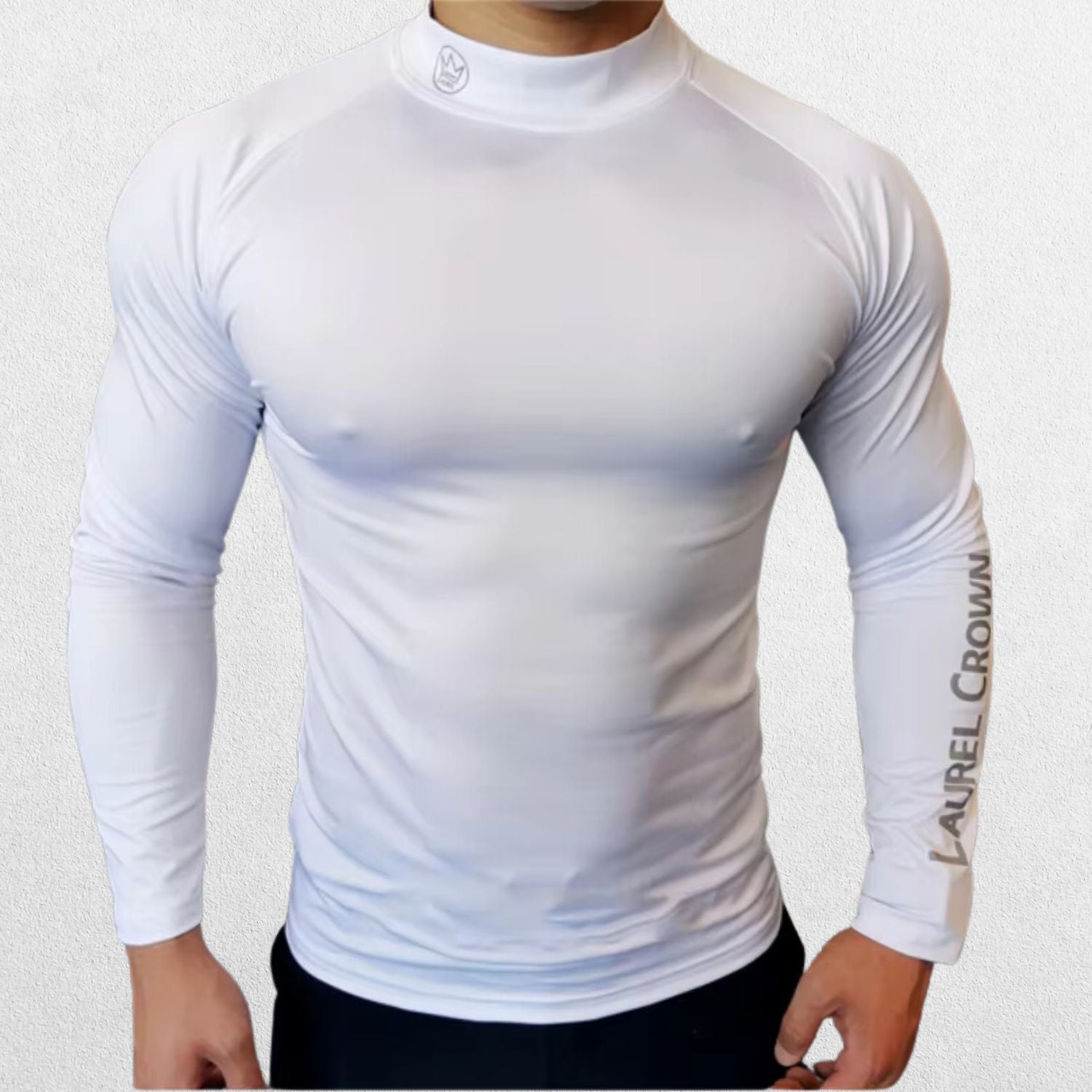 GPW Men's High-Performance Athletic Long Sleeve Training T-Shirt White Front View 2 n a studio background.