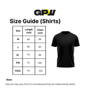 GPW Men's Quick-Dry Training T-Shirt size chart with chest, and length measurements.
