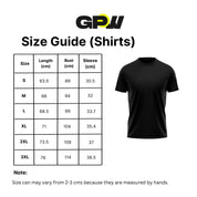 Size chart for GPW Men's High-Performance Short Sleeve Training Shirt with sleeve bust, and length measurements.