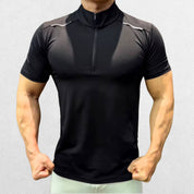 GPW Men's High-Performance Short Sleeve Training Shirt in black, front view highlighting the sleek athletic fit and moisture-wicking fabric against a clean studio background.