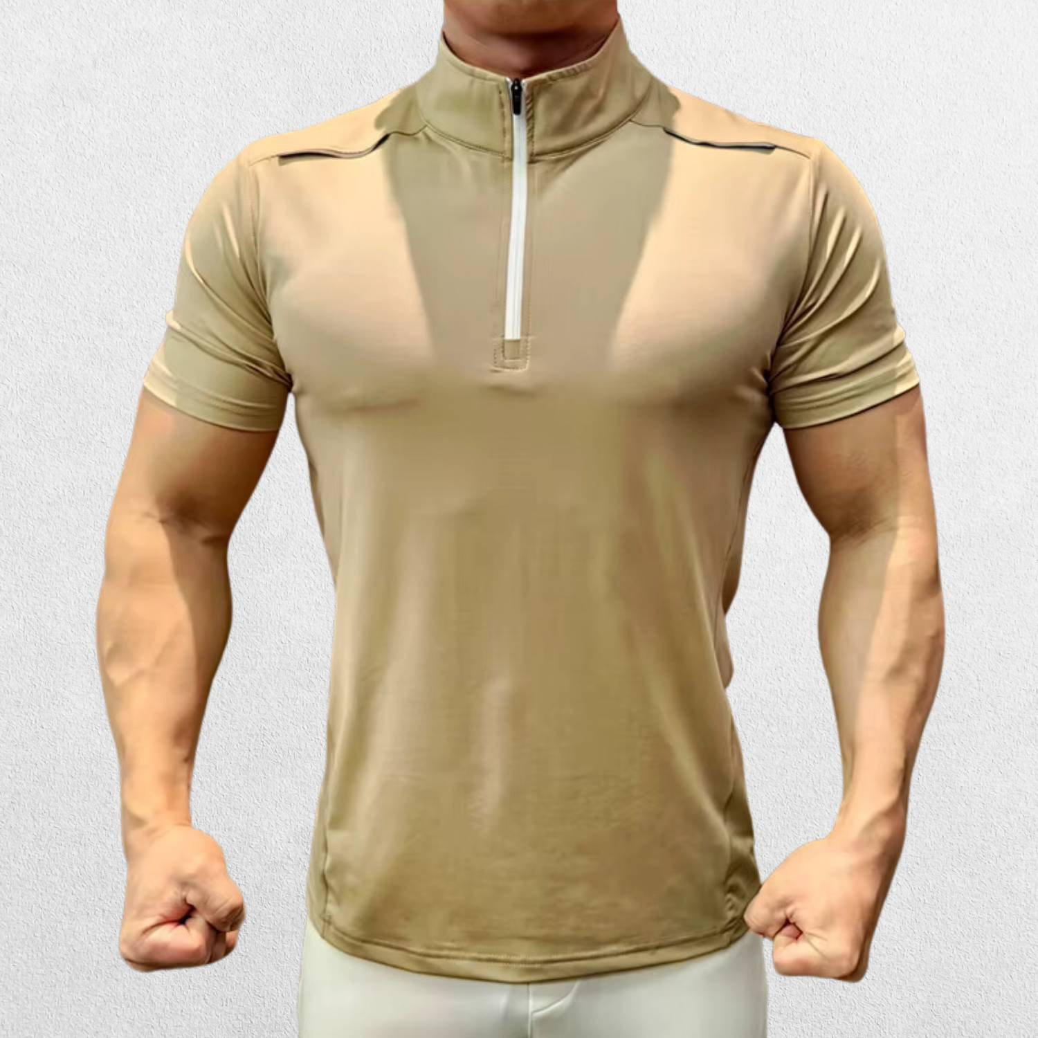 GPW Men's High-Performance Short Sleeve Training Shirt in khaki, front view highlighting the versatile color and form-fitting design against a clean studio backdrop
