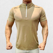 GPW Men's High-Performance Short Sleeve Training Shirt in khaki, front view highlighting the versatile color and form-fitting design against a clean studio backdrop