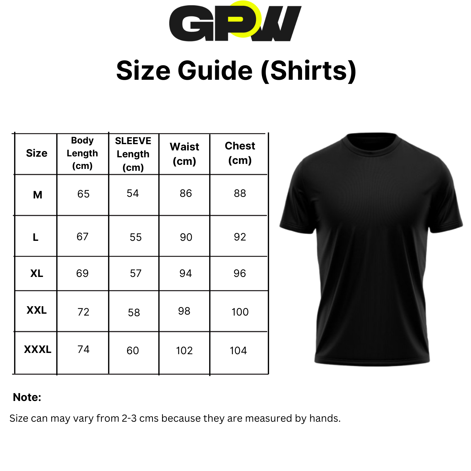 Size chart for GPW Men's High-Performance Long Sleeve Training T-Shirt with chest, waist, and sleeve measurements