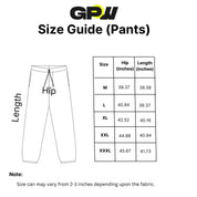 Detailed size chart for GPW men’s lightweight breathable pants, including  hip, and length measurements