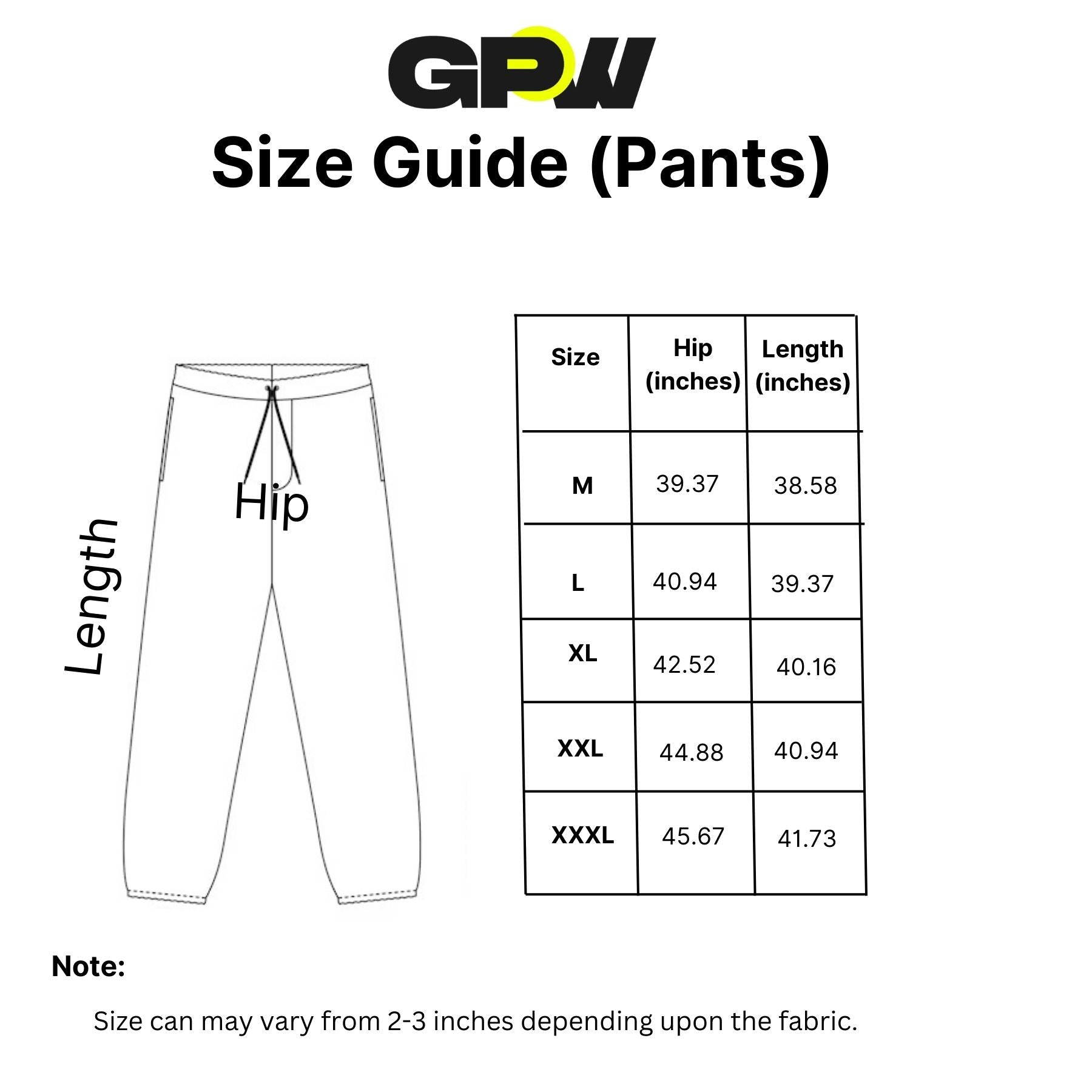 Detailed size chart for GPW men’s lightweight breathable pants, including  hip, and length measurements