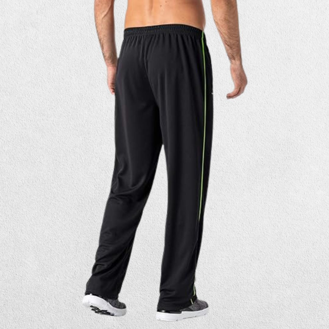 GPW Men’s Lightweight Loose Fit Open Bottom Mesh Athletic Trousers Black Back View in Studio Background.