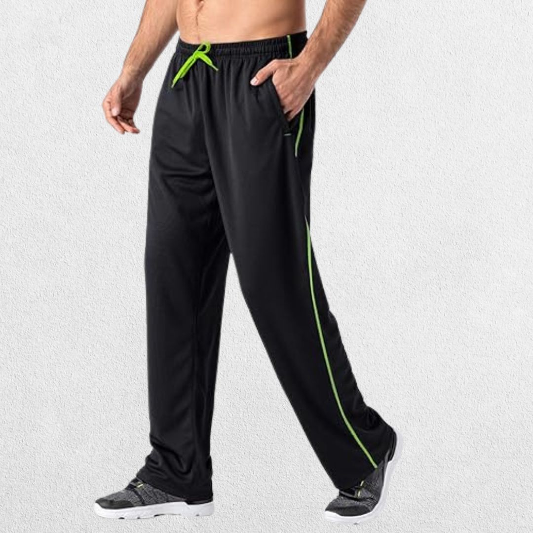 GPW Men’s Lightweight Loose Fit Open Bottom Mesh Athletic Trousers Black Side View in Studio Background.