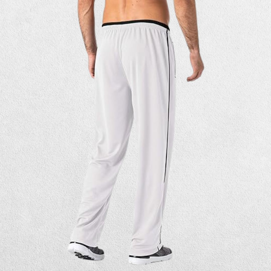 GPW Men’s Lightweight Loose Fit Open Bottom Mesh Athletic Trousers White Back View in Studio Background.