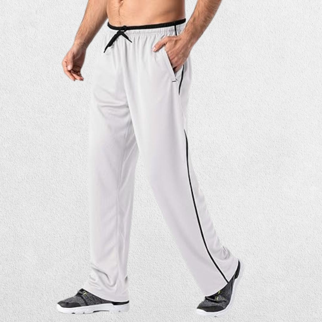 GPW Men’s Lightweight Loose Fit Open Bottom Mesh Athletic Trousers White Side View in Studio Background.