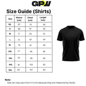 Detailed size chart for GPW Men's Long Sleeve Gym Shirt, displaying measurements for chest, sleeve length, and shirt length.