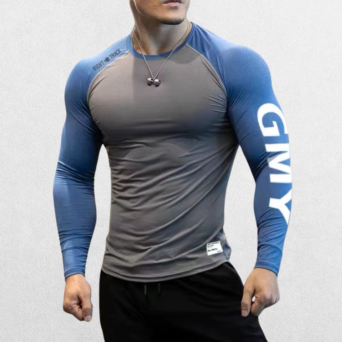 Front view of GPW Men's Long Sleeve Gym Blue Shirt with dual-color design and athletic fit.