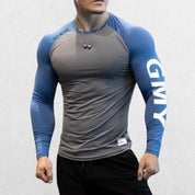 Front view of GPW Men's Long Sleeve Gym Blue Shirt with dual-color design and athletic fit.