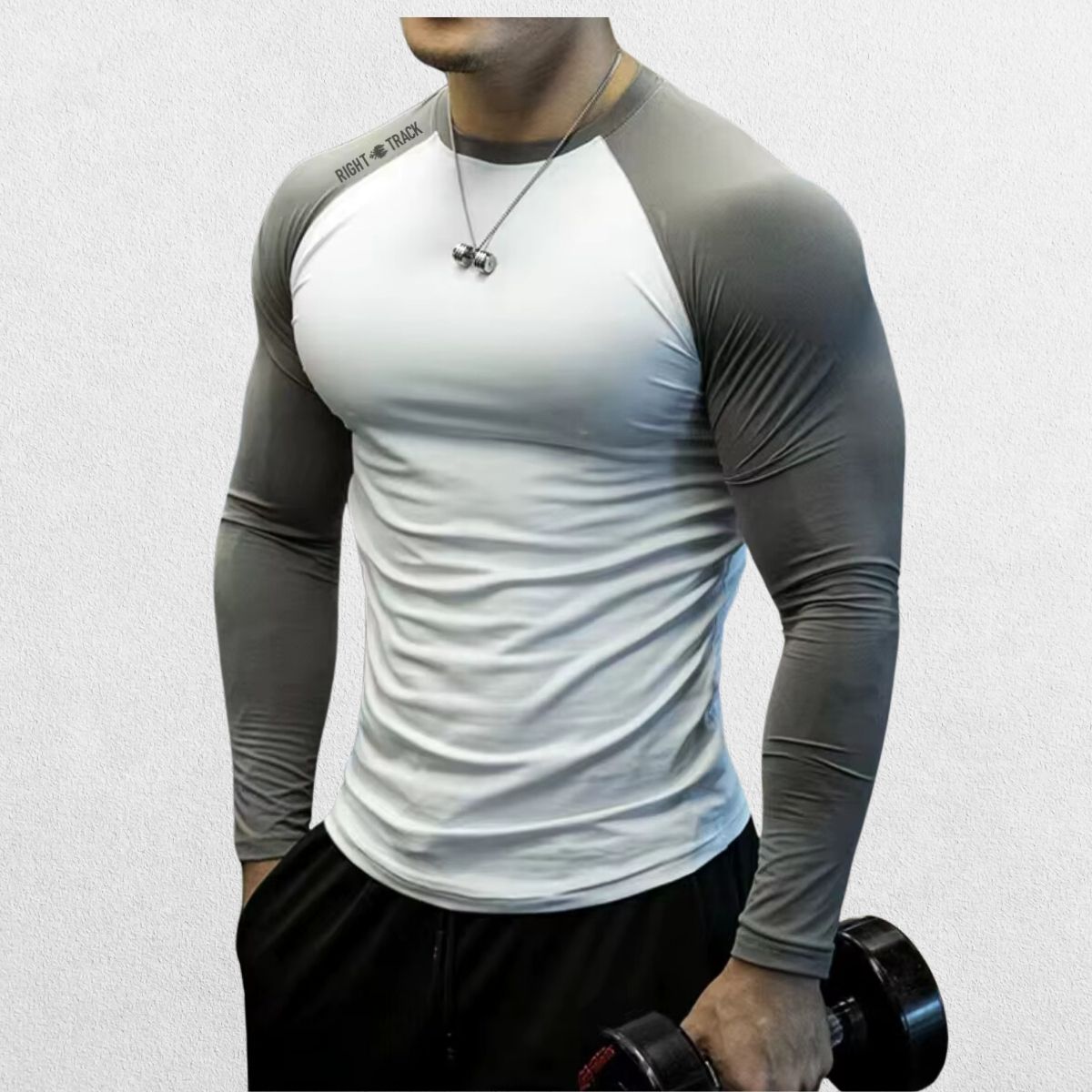 Front view of GPW Men's Long Sleeve Gym Grey Shirt with dual-color design and athletic fit