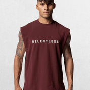 GPW Men's Performance Round Neck Sleeveless Shirt in burgundy, displayed from the front with a soft studio background that complements the rich color."