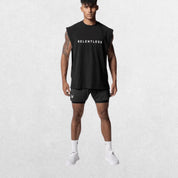 GPW Men's Performance Round Neck Sleeveless Shirt in black, depicted from the front, with a plain studio background that highlights the design.